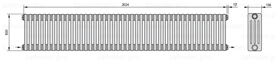Схема (чертеж) Радиатор Zehnder Charleston 4060/44 №2670 Белый глянцевый RAL 9016